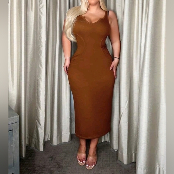 Shein Bodycon Midi Dress | Rust Brown Sleeveless Curve Hugging Size 1X - Picture 1 of 2
